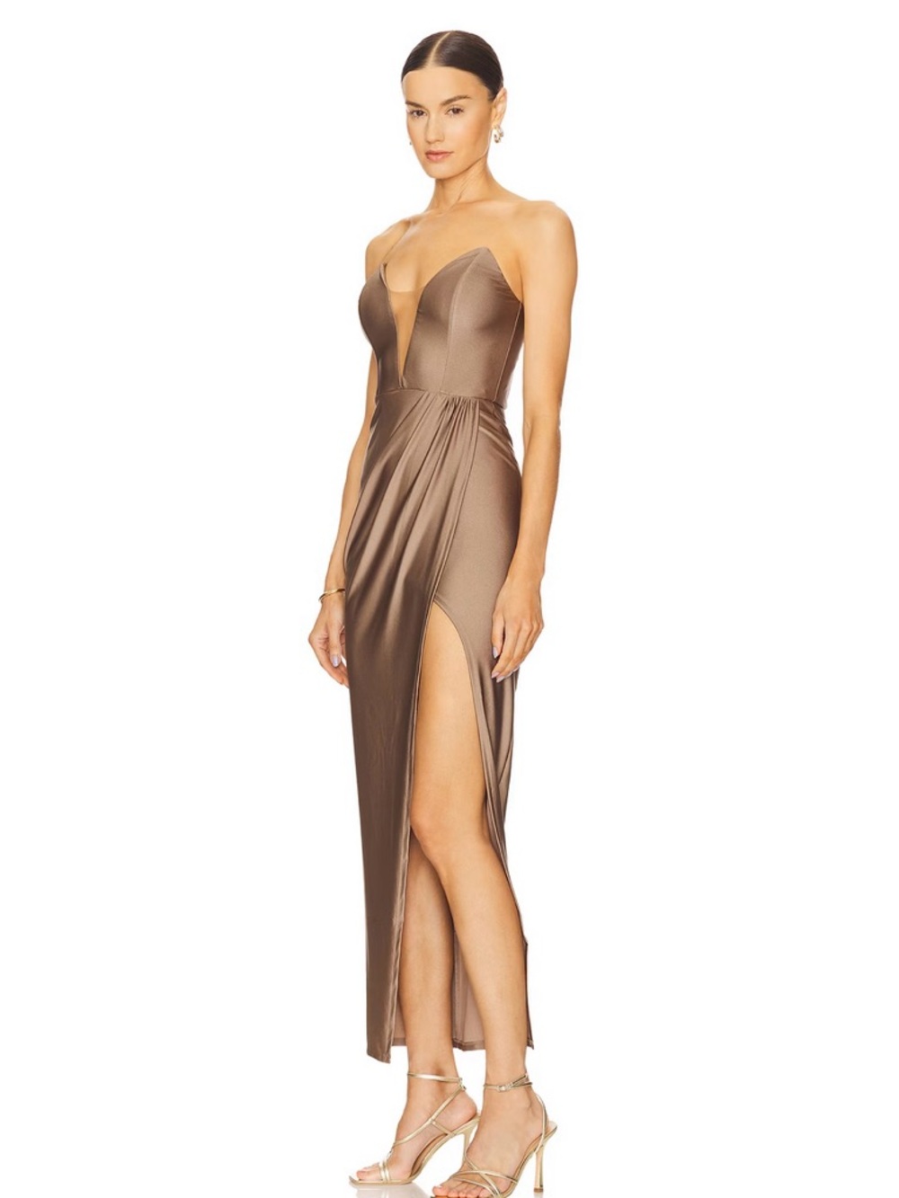 Strapless Satin High-Slit Evening Gown in Bronze